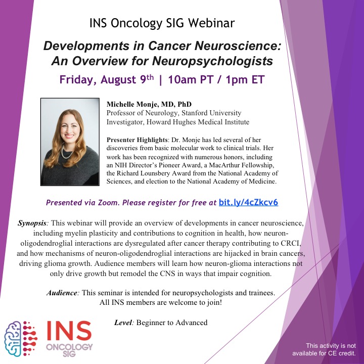 Oncology SIG Webinar, August 9, with Dr. Monje